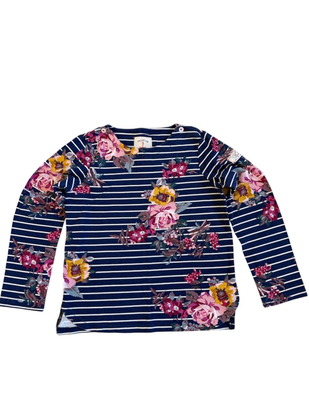 Joules Girl’s Navy Stripe Long-Sleeve Top with Pink & Yellow Floral Print